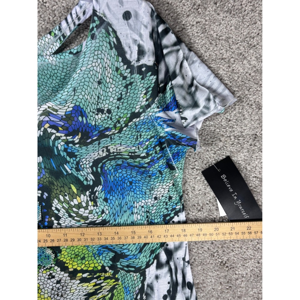 BLEU Women's Medium Blue Green Floral Print Twisted Cutout Tunic Top - Picture 12 of 13